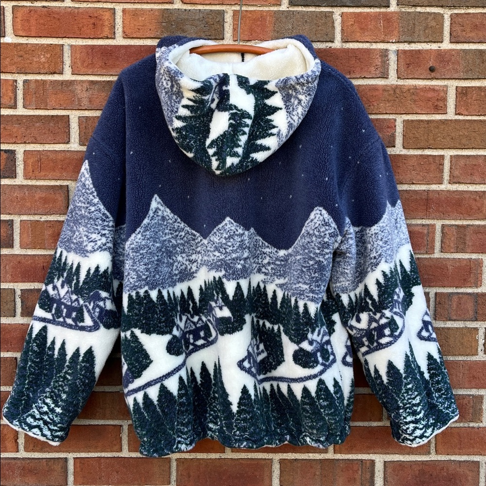 VTG DENALI Graphic Fleece Mountain/Woods/Cabin Reversible Hooded Zip Up Jacket M